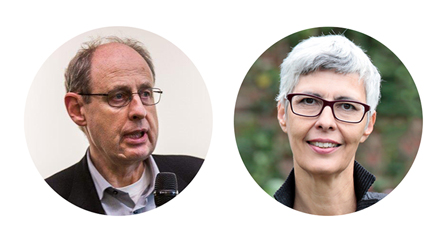 Porträtfotos von Dr. Bartelheimer und Jutta Henke. Öffnet Seite: Im Gespräch mit Dr. Peter Bartelheimer und Jutta  Henke
