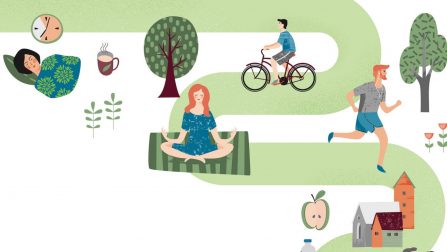 Illustration mit einem Fahrradfahrer, einem Jogger, einer Meditierenden sowie einer Schlafenden. Öffnet Seite: Gesund gecoacht